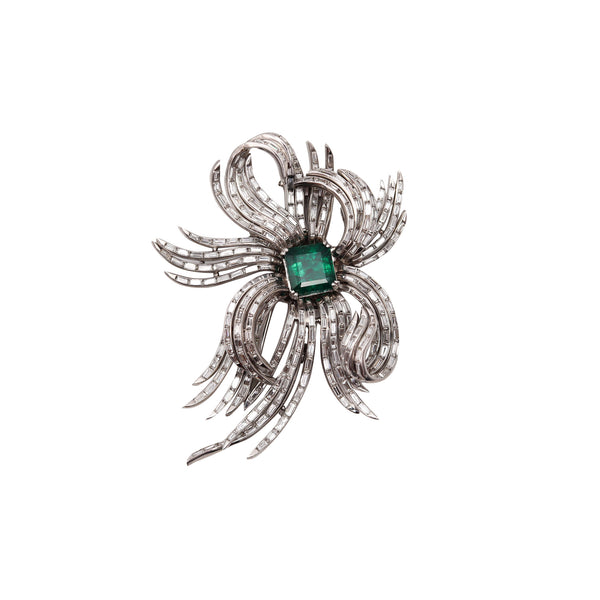 -Art Deco 1930 Certified Pendant Brooch In Platinum With 17.72 Ctw In Diamonds And Emerald
