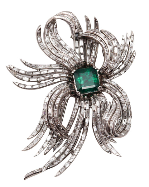 -Art Deco 1930 Certified Pendant Brooch In Platinum With 17.72 Ctw In Diamonds And Emerald