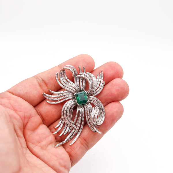 -Art Deco 1930 Certified Pendant Brooch In Platinum With 17.72 Ctw In Diamonds And Emerald