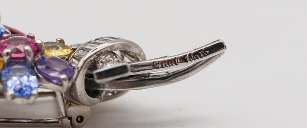 PAUL FLATO 1940 Deco Retro Brooch In Platinum With 27.09 Ctw Color Sapphires And VVS Diamonds