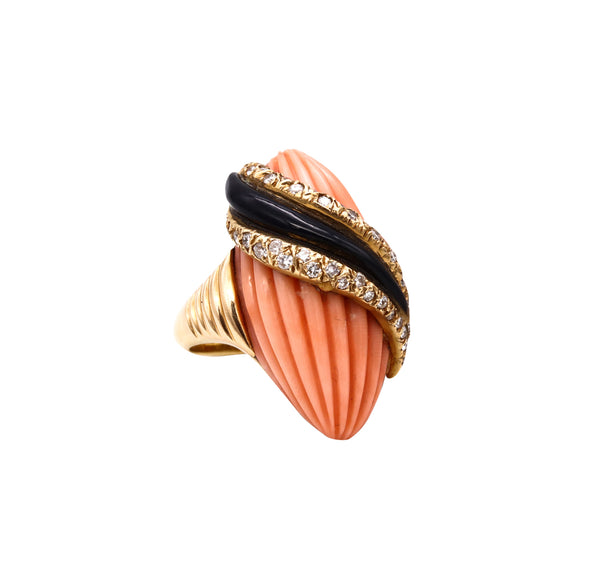 Andre Vassort 1960 France 18Kt Cocktail Ring With 1.02 Cts Diamonds Coral And Onyx