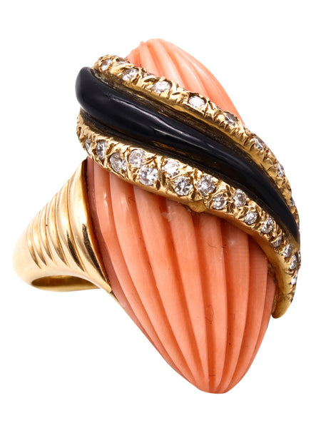 Andre Vassort 1960 France 18Kt Cocktail Ring With 1.02 Cts Diamonds Coral And Onyx