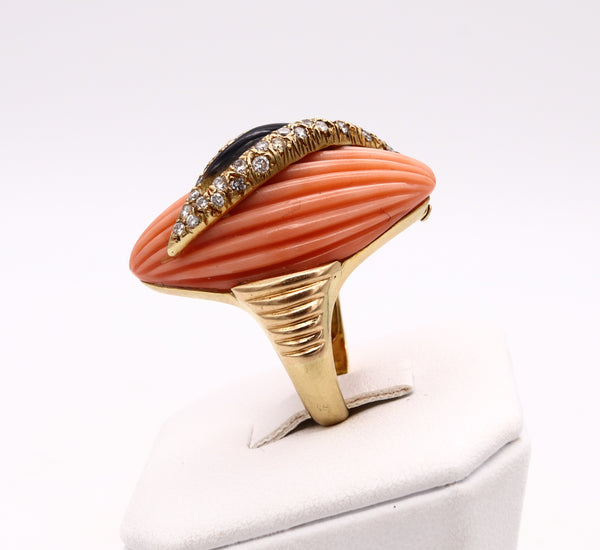 Andre Vassort 1960 France 18Kt Cocktail Ring With 1.02 Cts Diamonds Coral And Onyx