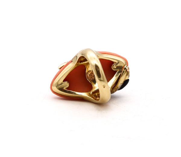 Andre Vassort 1960 France 18Kt Cocktail Ring With 1.02 Cts Diamonds Coral And Onyx