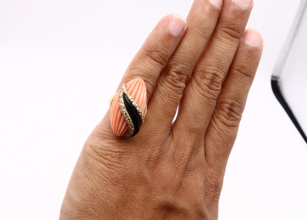 Andre Vassort 1960 France 18Kt Cocktail Ring With 1.02 Cts Diamonds Coral And Onyx