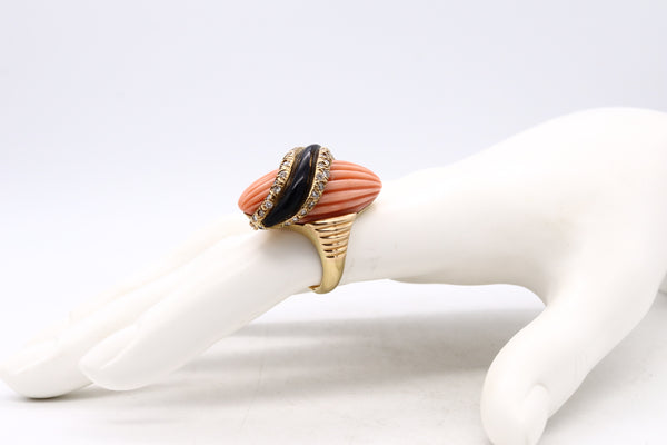 Andre Vassort 1960 France 18Kt Cocktail Ring With 1.02 Cts Diamonds Coral And Onyx