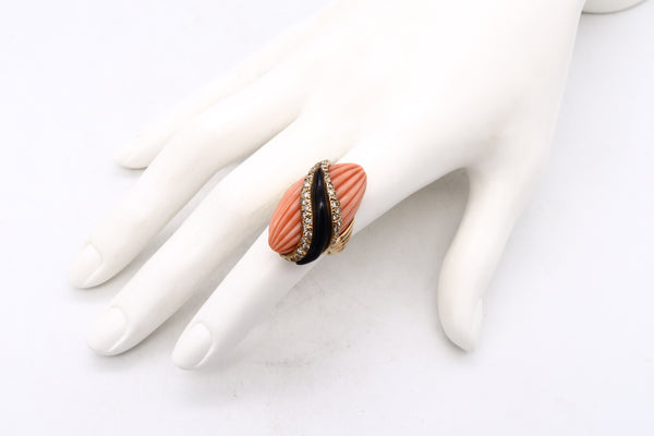 Andre Vassort 1960 France 18Kt Cocktail Ring With 1.02 Cts Diamonds Coral And Onyx