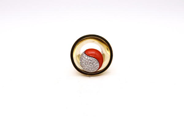 Spatialism 1970 Artistic Sculptural Yin Yang Ring In 18Kt Gold With 1.55 Cts In Diamonds And Coral