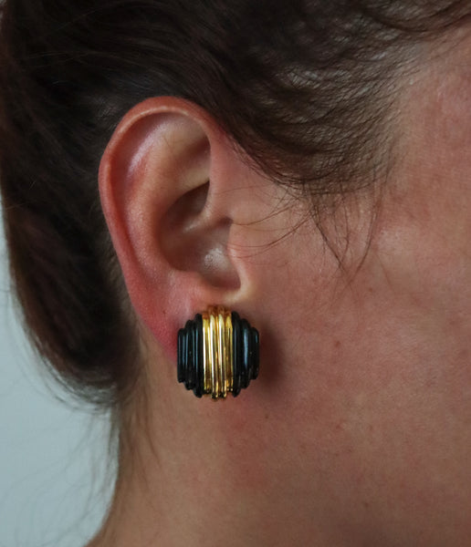 Charles Turi Stepped Skyscraper Clip Earrings In 18Kt Yellow Gold With Carved Onyxes