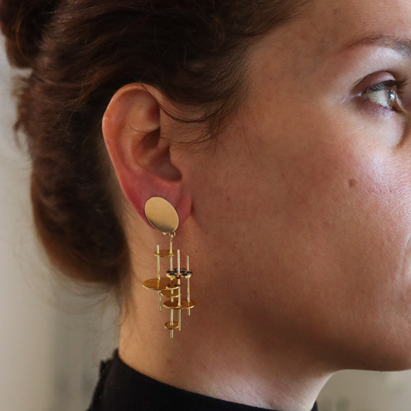 Alberto Giorgi Italy Sculptural Drop Earrings In 18Kt Yellow Gold With Blue Sapphires