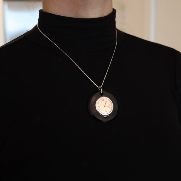 Mauboussin Paris 1950 Mido Skeleton Round Watch pendant in 18 kt & Stainless with Onyx