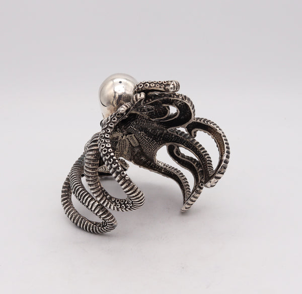 OCTOPUS Italian Sculptural Massive Cuff Bracelet In Solid .925 Sterling Silver.