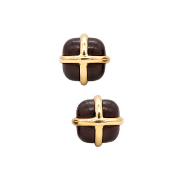 *Seaman Schepps New York 18 kt yellow gold caged earrings with rose wood