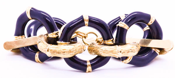 GUCCI 18 KT VINTAGE BAMBOO PATTERN BLACK ENAMEL LARGE LINK HEAVY BRACELET