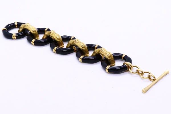 GUCCI 18 KT VINTAGE BAMBOO PATTERN BLACK ENAMEL LARGE LINK HEAVY BRACELET