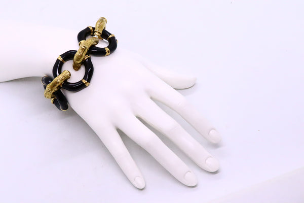 GUCCI 18 KT VINTAGE BAMBOO PATTERN BLACK ENAMEL LARGE LINK HEAVY BRACELET