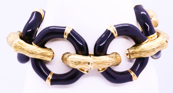 GUCCI 18 KT VINTAGE BAMBOO PATTERN BLACK ENAMEL LARGE LINK HEAVY BRACELET
