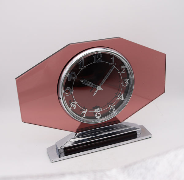 Jaz Paris 1930 Art Deco Geometric 8 Days Glass Desk Clock In Stainless Steel