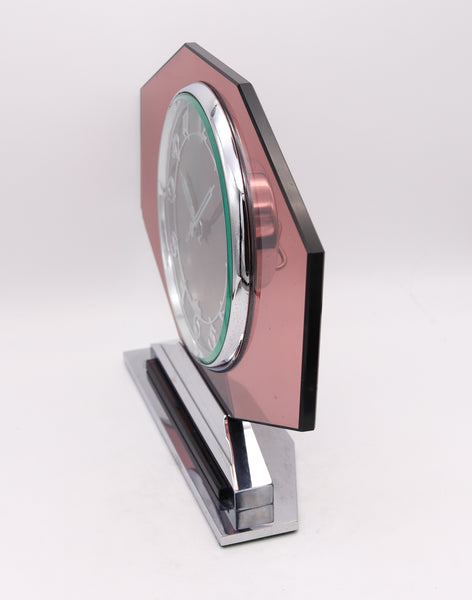Jaz Paris 1930 Art Deco Geometric 8 Days Glass Desk Clock In Stainless Steel