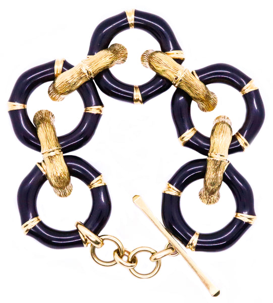 GUCCI 18 KT VINTAGE BAMBOO PATTERN BLACK ENAMEL LARGE LINK HEAVY BRACELET