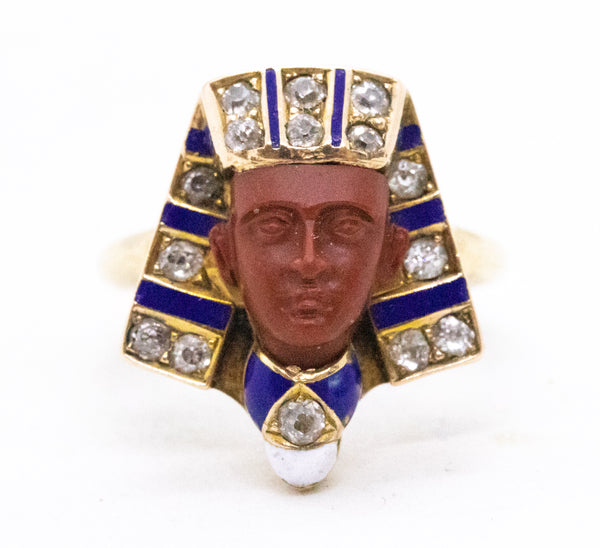 EGYPTIAN REVIVAL 1920 ART DECO KING TUT ENAMELED RING WITH DIAMONDS & JASPER