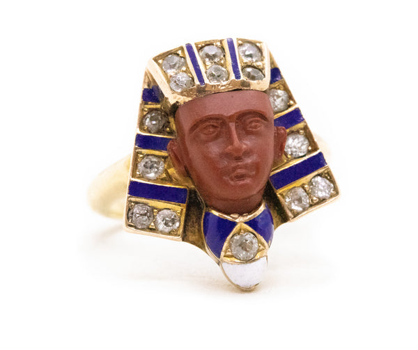 EGYPTIAN REVIVAL 1920 ART DECO KING TUT ENAMELED RING WITH DIAMONDS & JASPER