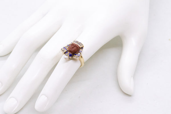EGYPTIAN REVIVAL 1920 ART DECO KING TUT ENAMELED RING WITH DIAMONDS & JASPER
