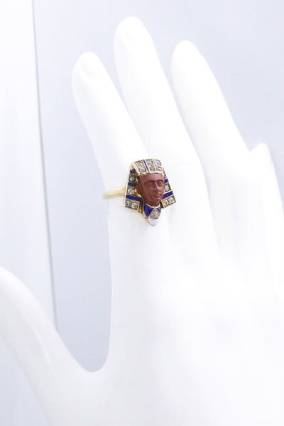 EGYPTIAN REVIVAL 1920 ART DECO KING TUT ENAMELED RING WITH DIAMONDS & JASPER