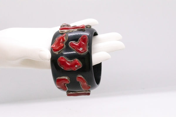 FRENCH MODERN BLACK BANGLE BRACELET IN STERLING SILVER WITH RED CORAL