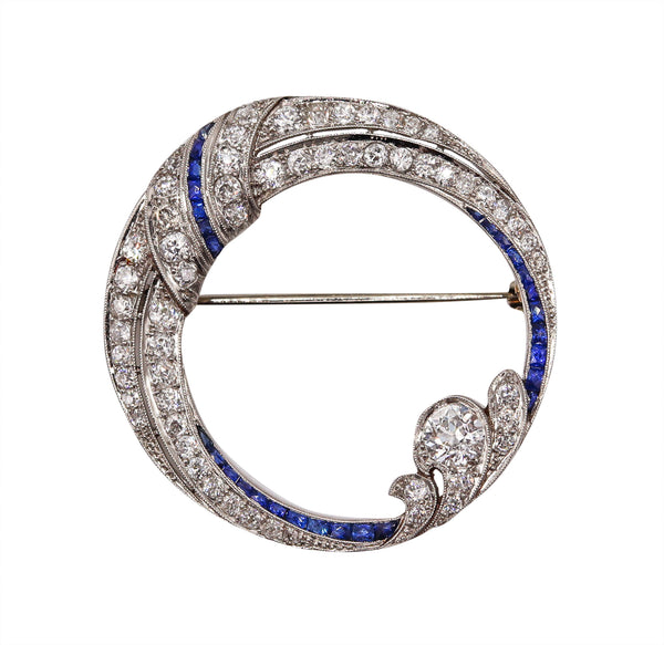 Hayden W. Wheeler & Co 1930's Art Deco Brooch In Platinum With 4.33 Cts In Diamonds & Sapphires