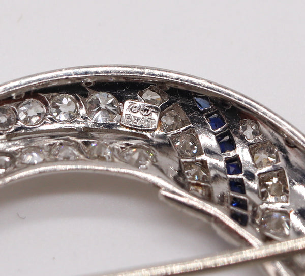 Hayden W. Wheeler & Co 1930's Art Deco Brooch In Platinum With 4.33 Cts In Diamonds & Sapphires