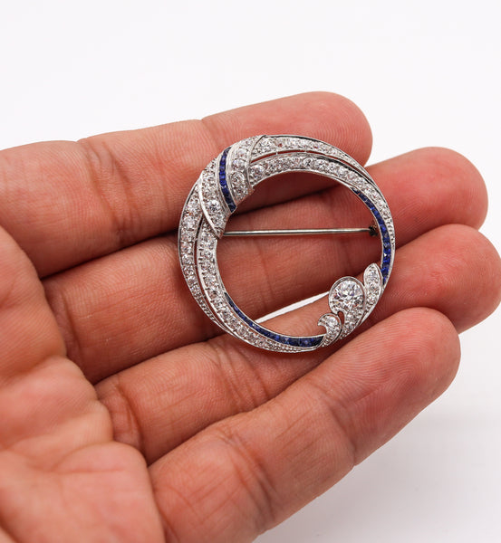 Hayden W. Wheeler & Co 1930's Art Deco Brooch In Platinum With 4.33 Cts In Diamonds & Sapphires