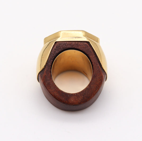 -Modernist 1970 Cocktail Agate Ring In Wood And 18Kt Yellow Gold With Mandarin Citrine