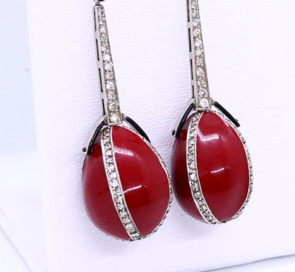 ART DECO PLATINUM EARRINGS, RED & BLACK ENAMEL WITH DIAMONDS