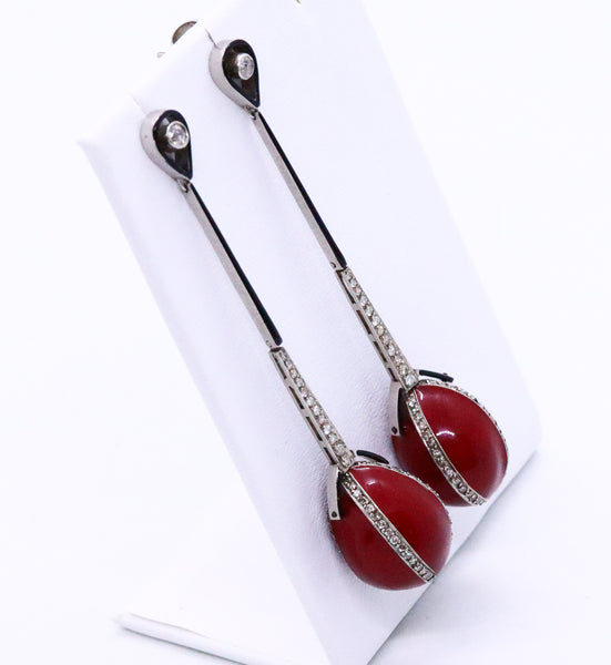 ART DECO PLATINUM EARRINGS, RED & BLACK ENAMEL WITH DIAMONDS