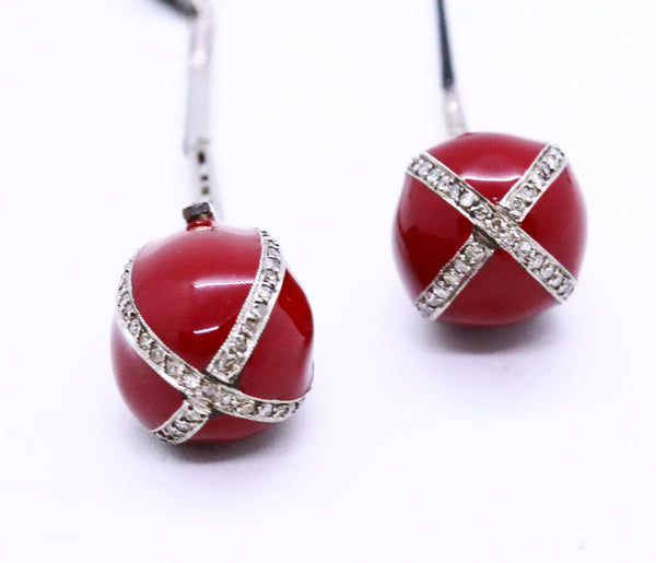 ART DECO PLATINUM EARRINGS, RED & BLACK ENAMEL WITH DIAMONDS