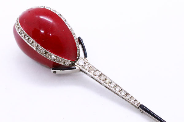 ART DECO PLATINUM EARRINGS, RED & BLACK ENAMEL WITH DIAMONDS