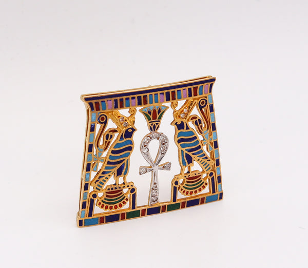 -French 1930 Art Deco Egyptian Revival Necklace in 18Kt Gold With Cloisonne And Diamonds