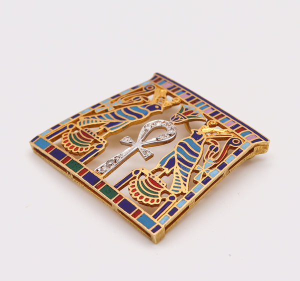 -French 1930 Art Deco Egyptian Revival Necklace in 18Kt Gold With Cloisonne And Diamonds