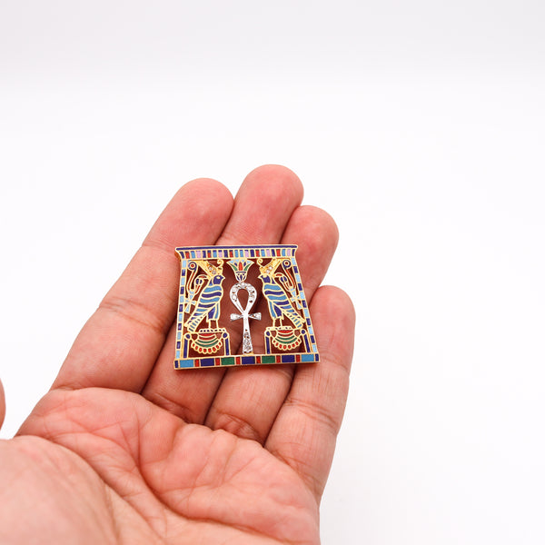-French 1930 Art Deco Egyptian Revival Necklace in 18Kt Gold With Cloisonne And Diamonds