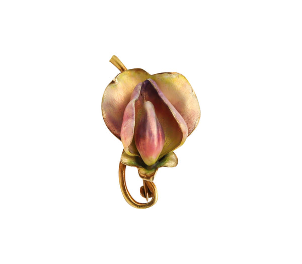 -Art Nouveau 1900 Edwardian Enamel Orchid Flower Brooch In 18Kt Yellow Gold