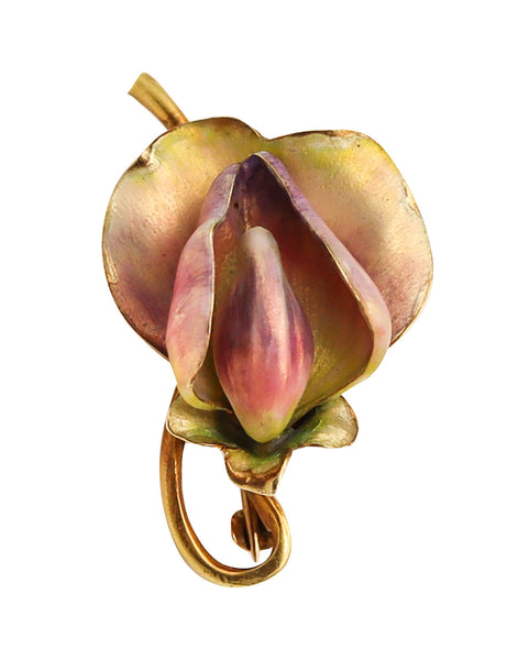 -Art Nouveau 1900 Edwardian Enamel Orchid Flower Brooch In 18Kt Yellow Gold