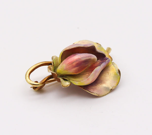 -Art Nouveau 1900 Edwardian Enamel Orchid Flower Brooch In 18Kt Yellow Gold