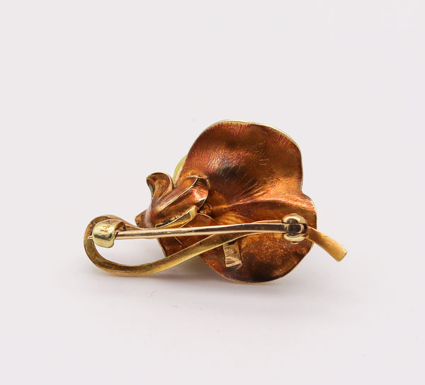 -Art Nouveau 1900 Edwardian Enamel Orchid Flower Brooch In 18Kt Yellow Gold
