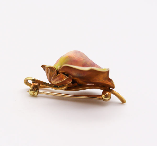 -Art Nouveau 1900 Edwardian Enamel Orchid Flower Brooch In 18Kt Yellow Gold
