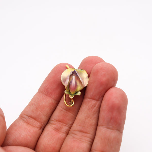 -Art Nouveau 1900 Edwardian Enamel Orchid Flower Brooch In 18Kt Yellow Gold