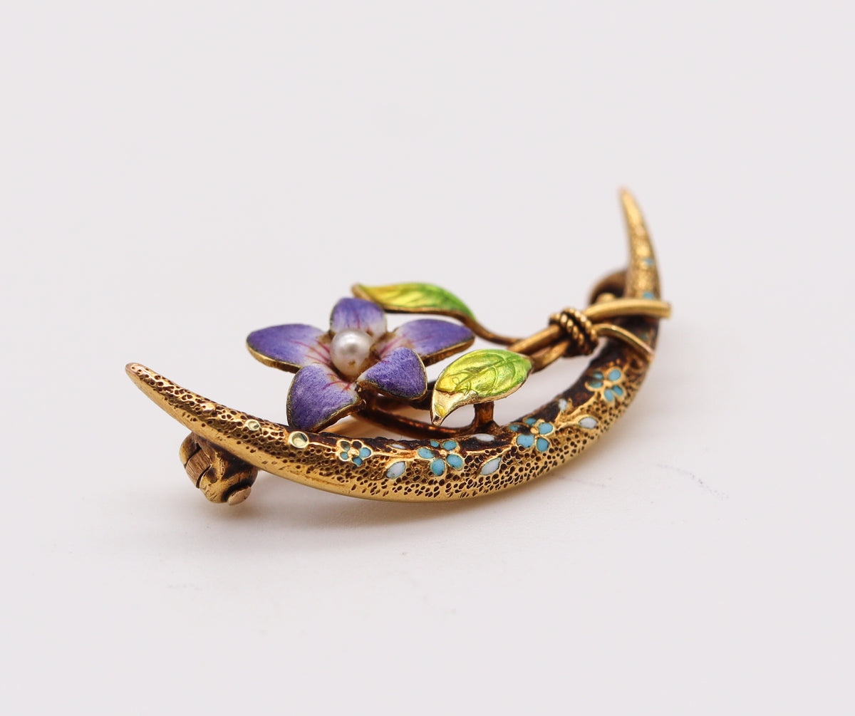 Delicate Art Nouveau Era Enameled Flower 14k Gold Brooch Pin • PreAdored®  Sustainable Luxury