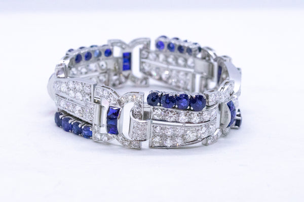 ART DECO 1930 PLATINUM BRACELET WITH 32.91 Cts OF DIAMONDS AND SAPPHIRES