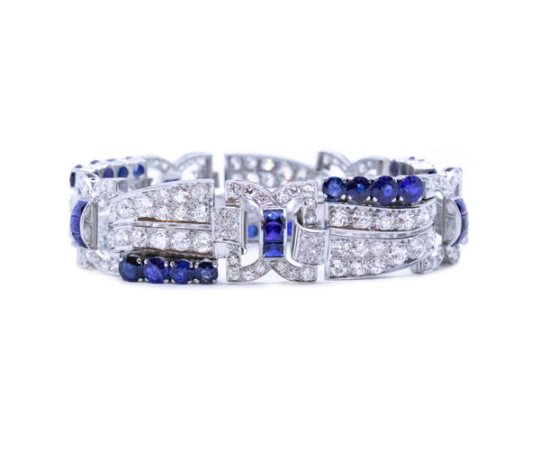 ART DECO 1930 PLATINUM BRACELET WITH 32.91 Cts OF DIAMONDS AND SAPPHIRES