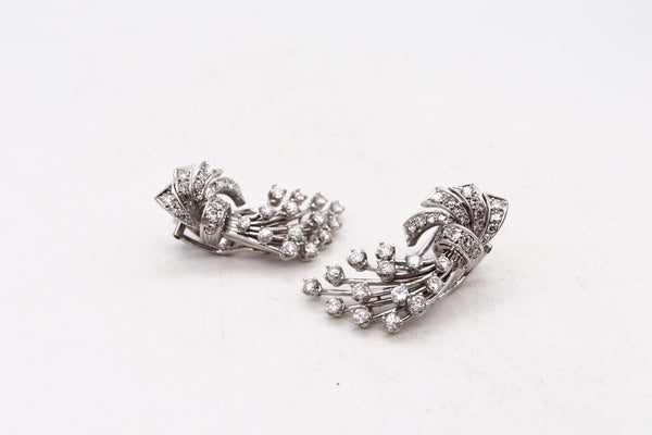 Art Deco 1940 Platinum Clips Earrings With 2.88 Cts In VS Diamonds